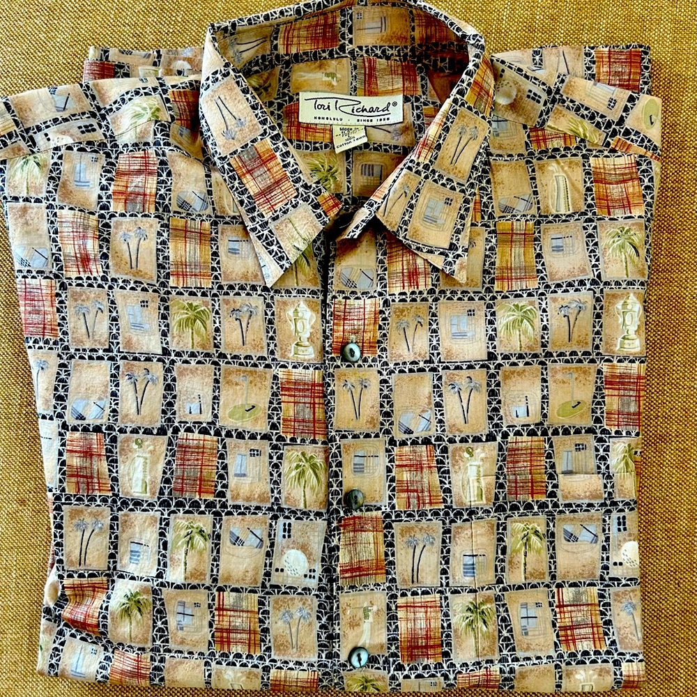 Rare Vintage Tori Richard Tan Shirt golf ball bag palm trees black squares, L